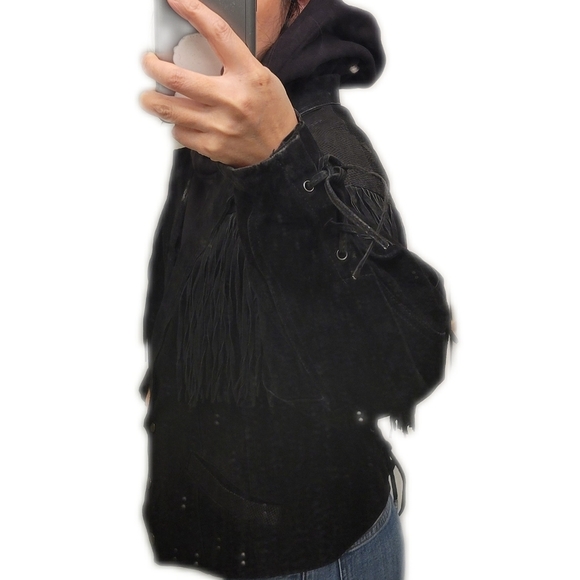 Vintage 80s fringe suede leather crop moto jacket black small medium - Picture 15 of 16